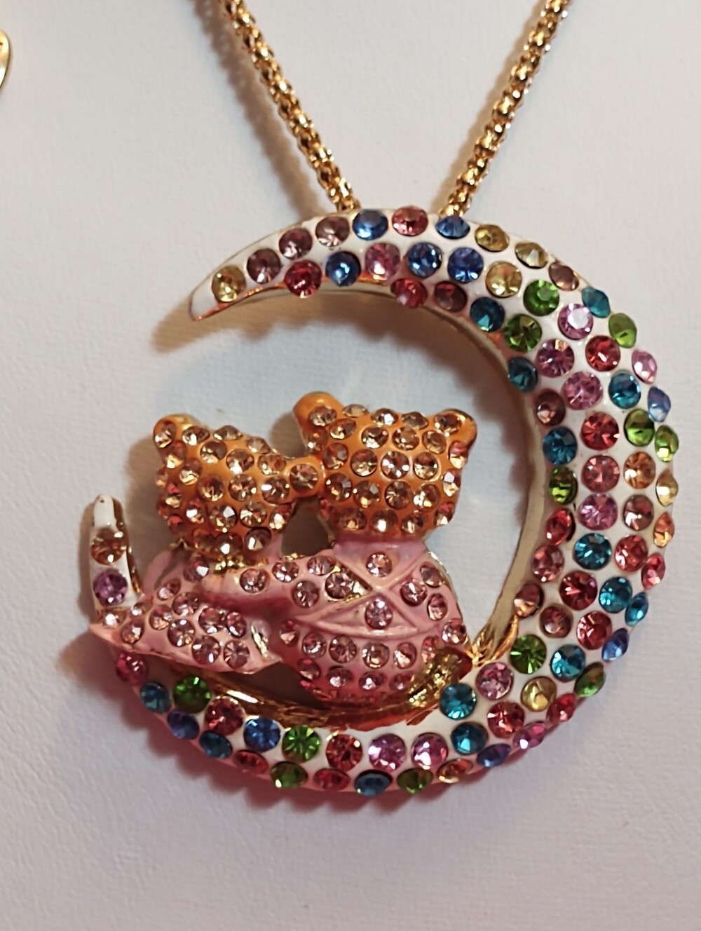 Betsey Johnson Multicolor Crystal Cat on Crescent Moon Necklace